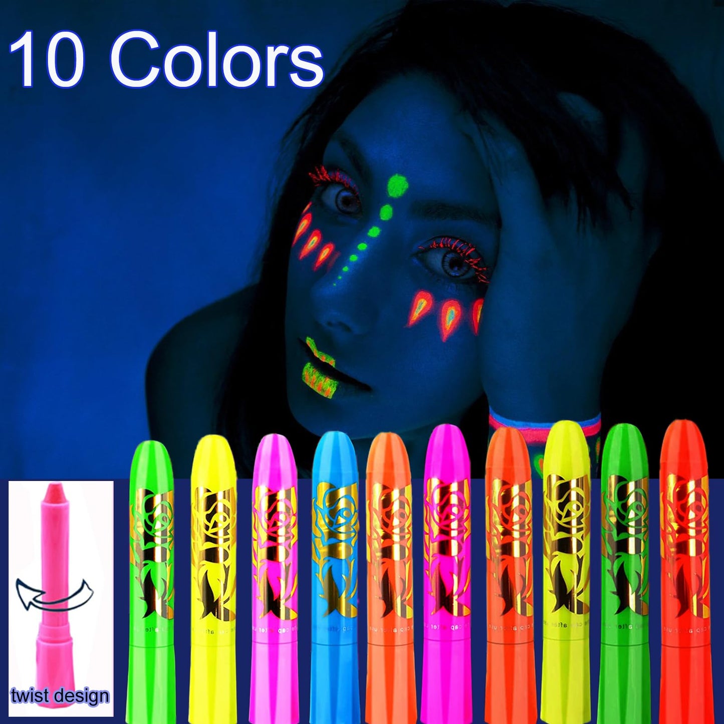 10 Color Glow in The UV Black Light Face Body Paint for Adult, Blacklight Glow Sticks Makeup Neon Face Painting Kits for Halloween Glow Party Supplies