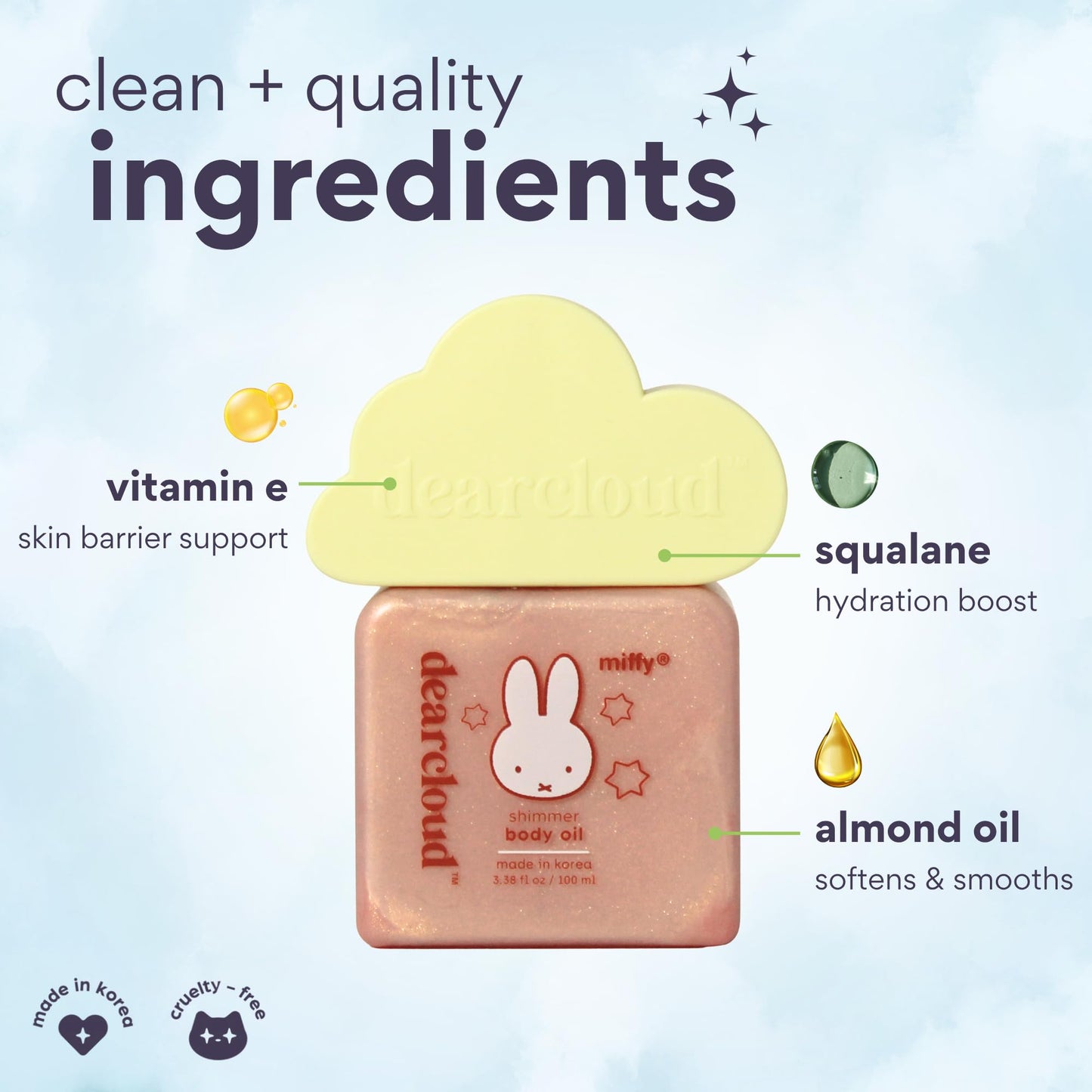 dearcloud Miffy Shimmer Body Oil – Hydrating Body Oil with Vitamin E & Squalane for a fresh, shimmering glow (3.38 fl oz)