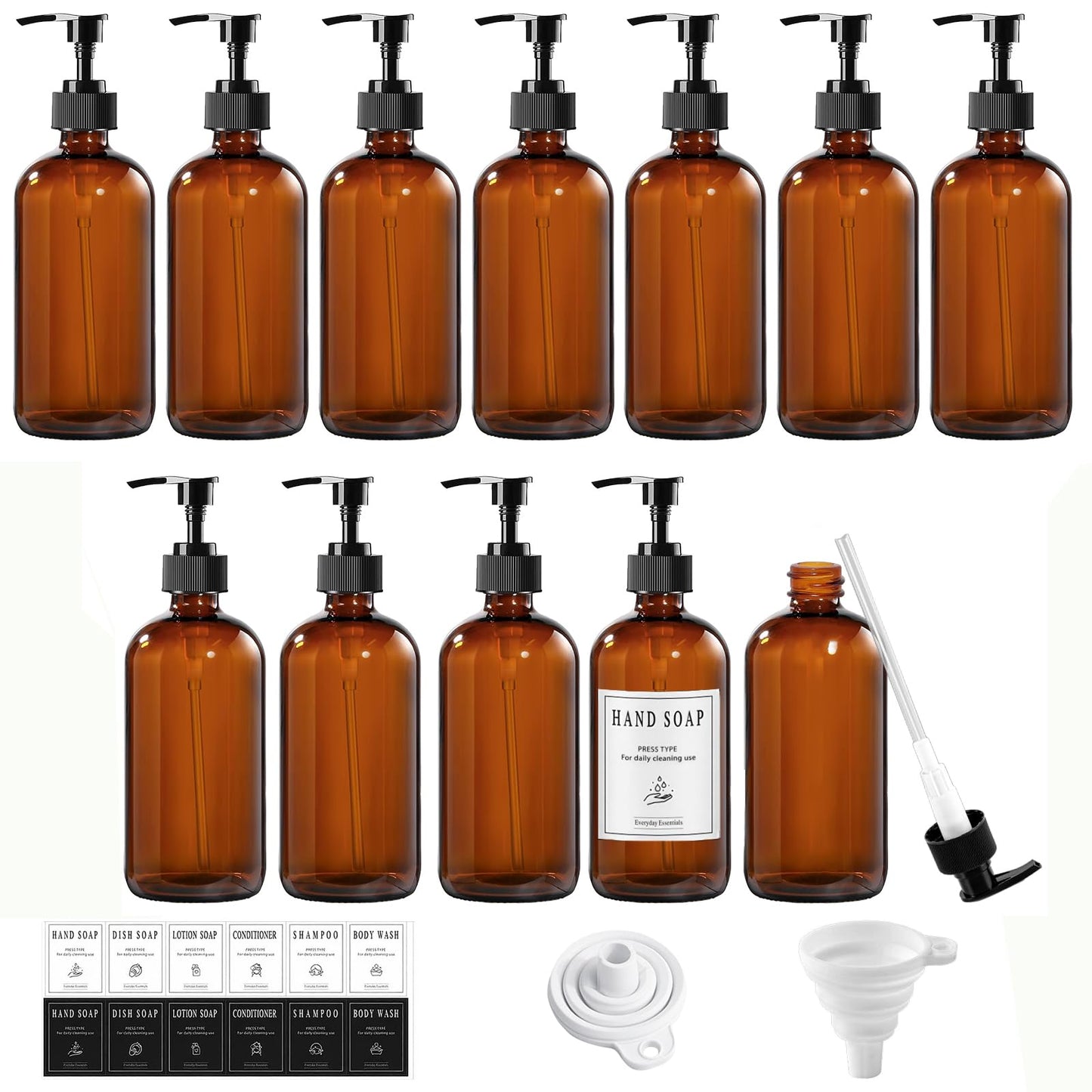 12 Pack Amber Glass Bottles 8oz with Pump Dispensers, Refillable Empty Pump Bottles for Bathroom, Kitchen, Shampoo, Soap, Lotion – Includes 2 Funnels & 12 Labels