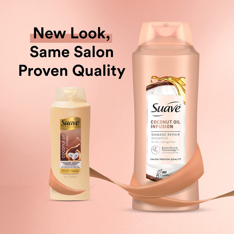 Suave Professionals Damage Repair Shampoo + Conditioner Coconut Oil, 28 Fl Oz (Pack of 4)