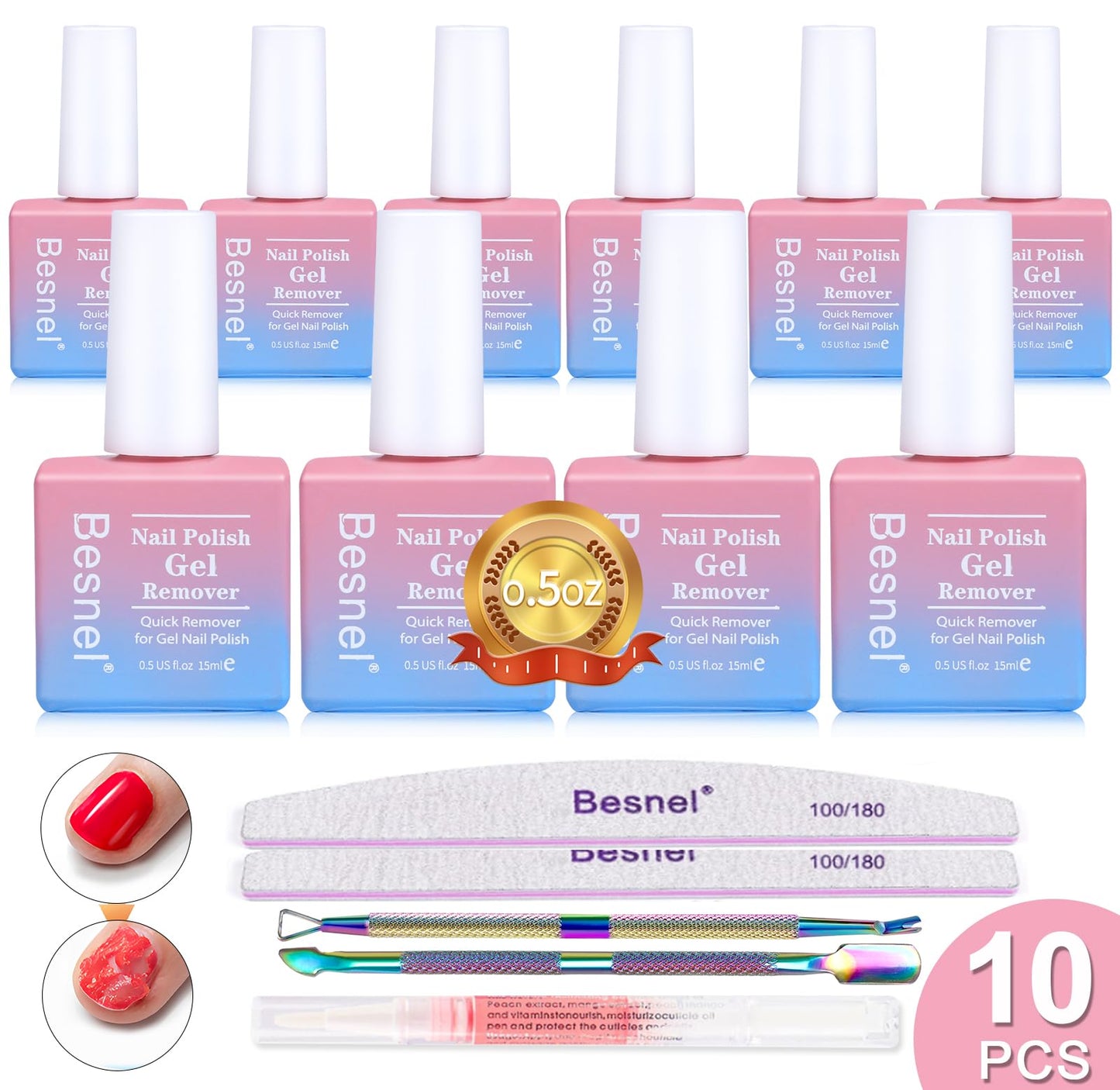 Gel Nail Polish Remover 10 Pack Professional Gel Polish Remover Non-Irritating Quick Easy, Nail Polish Gel Remover Tools Kit Nail File Cuticle Pusher File Grit, No Need For Foil Soaking Or Wrapping