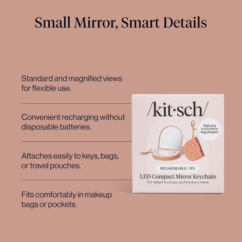 Compact Mirror Keychain - Lighted Travel Makeup Mirror with Dual Magnification | USB-Rechargeable, Terracotta
