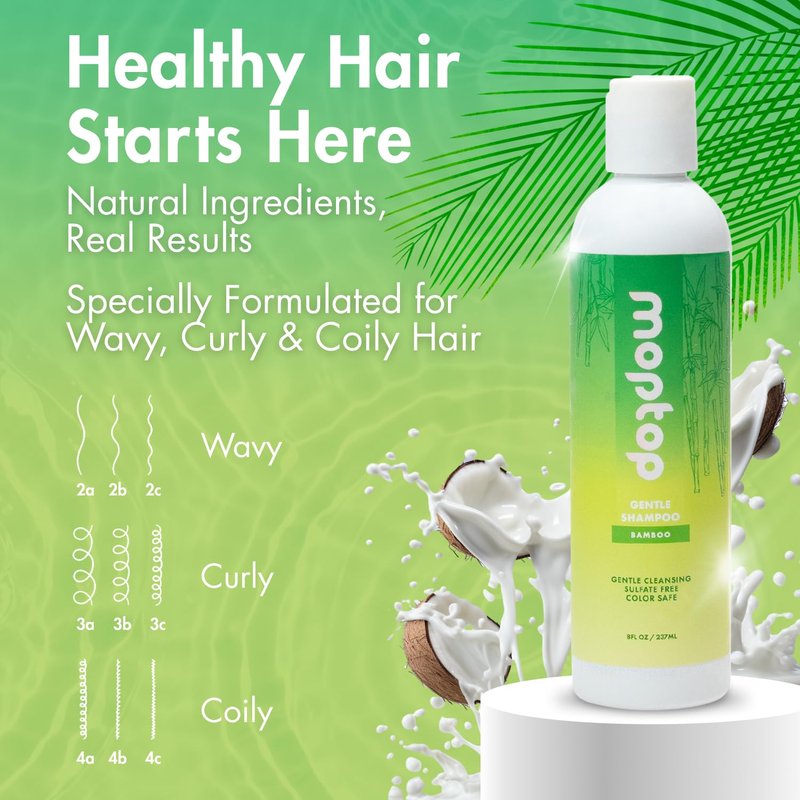 MopTop Gentle Shampoo – Every Day Curly Hair Sulfate Free Shampoo, Improves Moisture & Reduces Frizz, Paraben Free Natural Hair Products for Straight, Wavy, Curly, Coily Texture (Bamboo, 8oz)