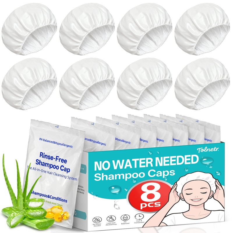 Shampoo Caps No Water Rinse Microwavable | Waterless Rinse Free Shampoo Cap Hair Washing for Bedridden Patients Post-Surgery Elderly Care, Camping | PH Balanced, Portable, Easy to Use-8 Pack