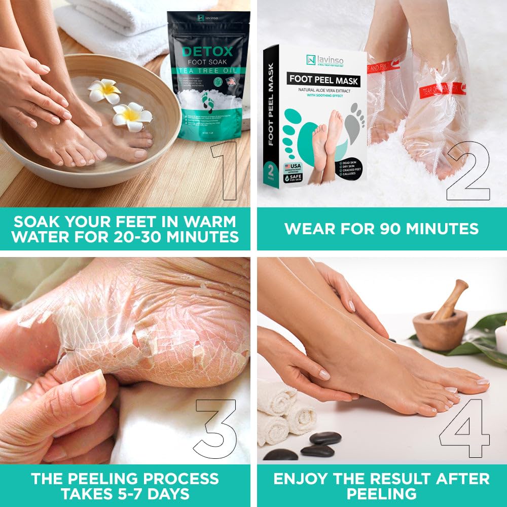 Lavinso Foot Peel Mask | Tea Tree Soak Care Kit for Dry, Cracked Feet - Removes Dead Skin & Calluses (1 lb)
