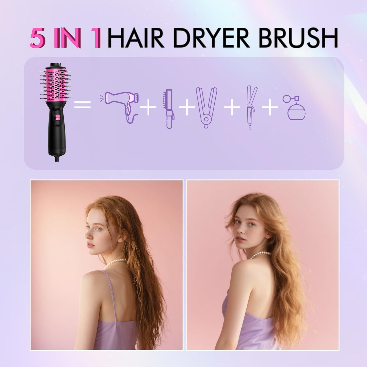 Dual Voltage Travel Hair Dryer Brush (100V-240V), Automatic Hot Air Brush with EU&UK Plug, 6 Inch Oval Barrel One Step Blow Dryer Brush and Negative Ion Anti-frizz Styling Brush（9″）