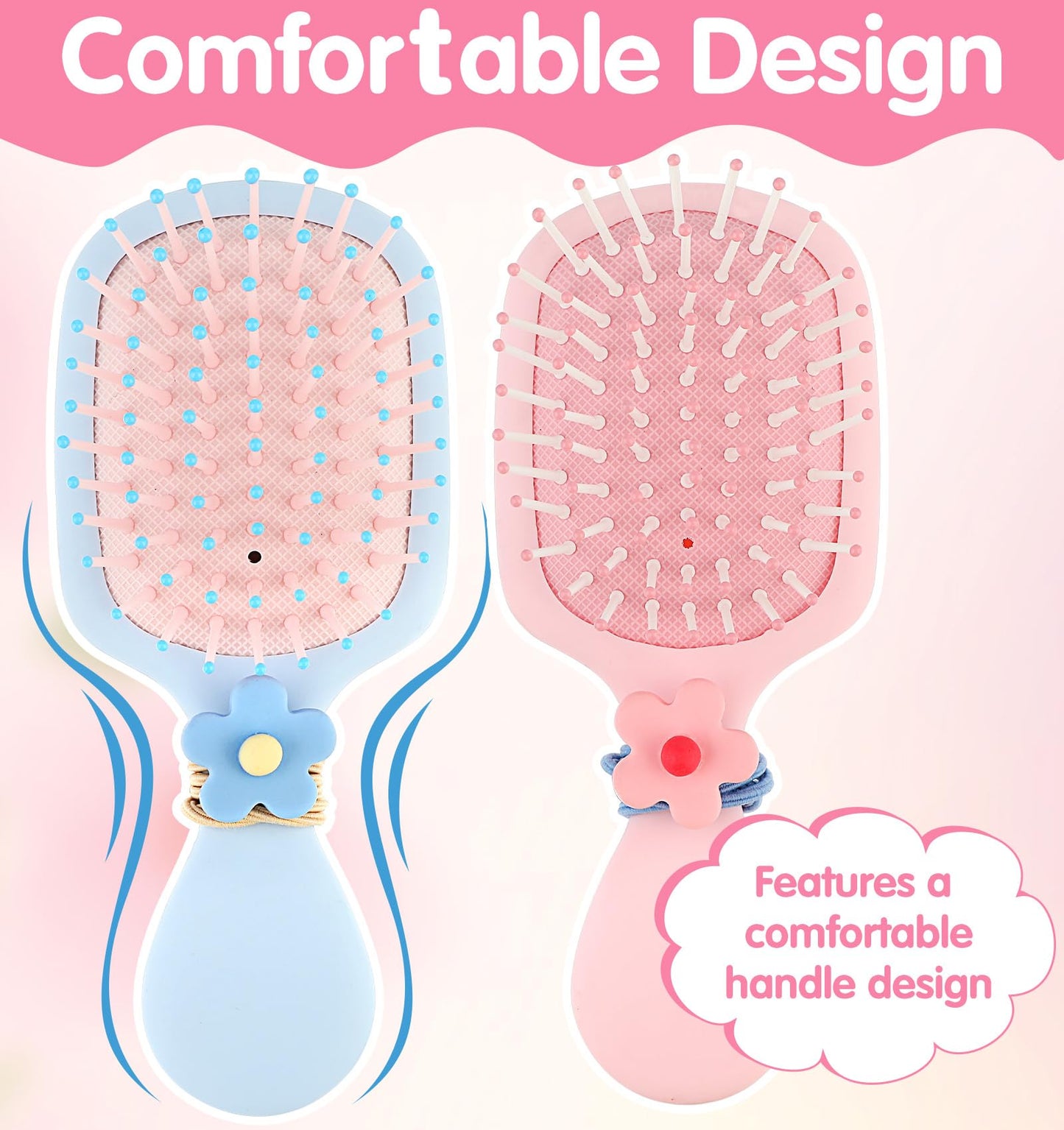 Toddler Hair Brush Girl, 2 Pcs Toddler Detangler Brush for Wet Dry Hair, Kids Boys and Girls with 2 Hair-Ties (Pink & Blue)