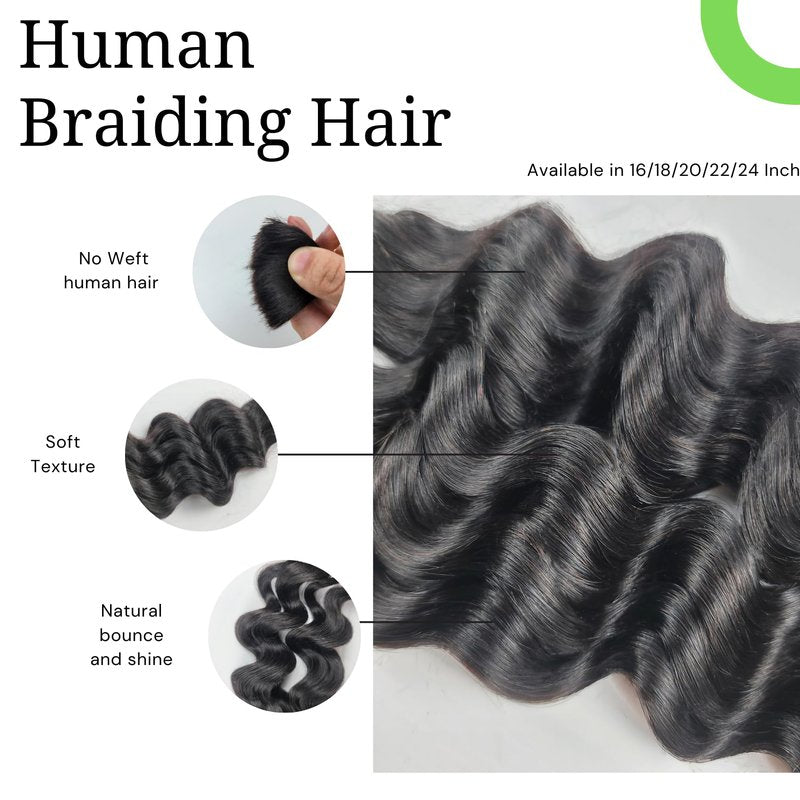 Deep Wave Human Braiding Hair for Boho Braids 1b Black Curly Human Hair Bundles for Braiding 2 Bundles/Pack 20Inch