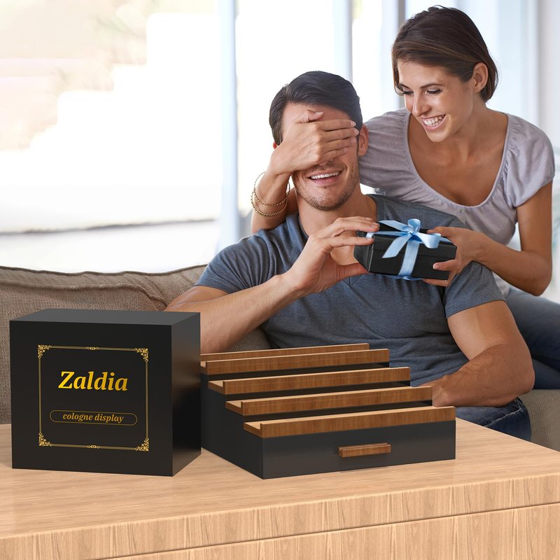 Zalida Wooden Cologne Organizer for Men 4 Tier of Perfume Display Holder of Drawer & 2 Hidden Compartments Larger Storage Space Mens Perfume Organizer Shelf Stand,Gift for Man (4T-Black Brown)