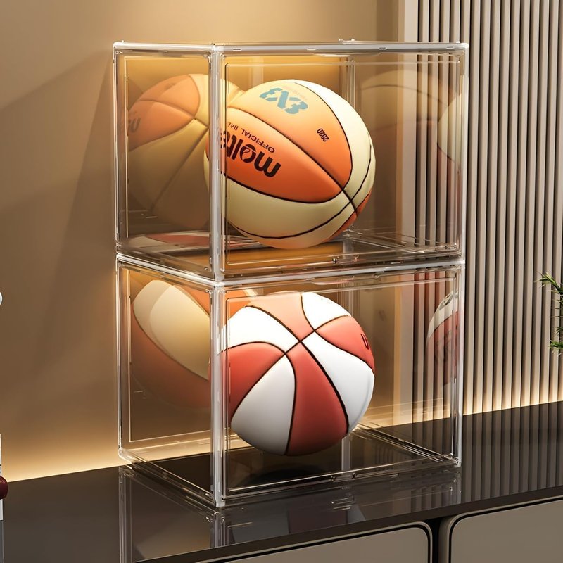 GUDEMAY Large Clear Stackable Plastic Storage Bins with Door, Dustproof Figures Collectibles Display Case, Football & Motorcycle Helmet Showcase, Basketball, Memorabilia Organizer Box (XL, Count, 1)