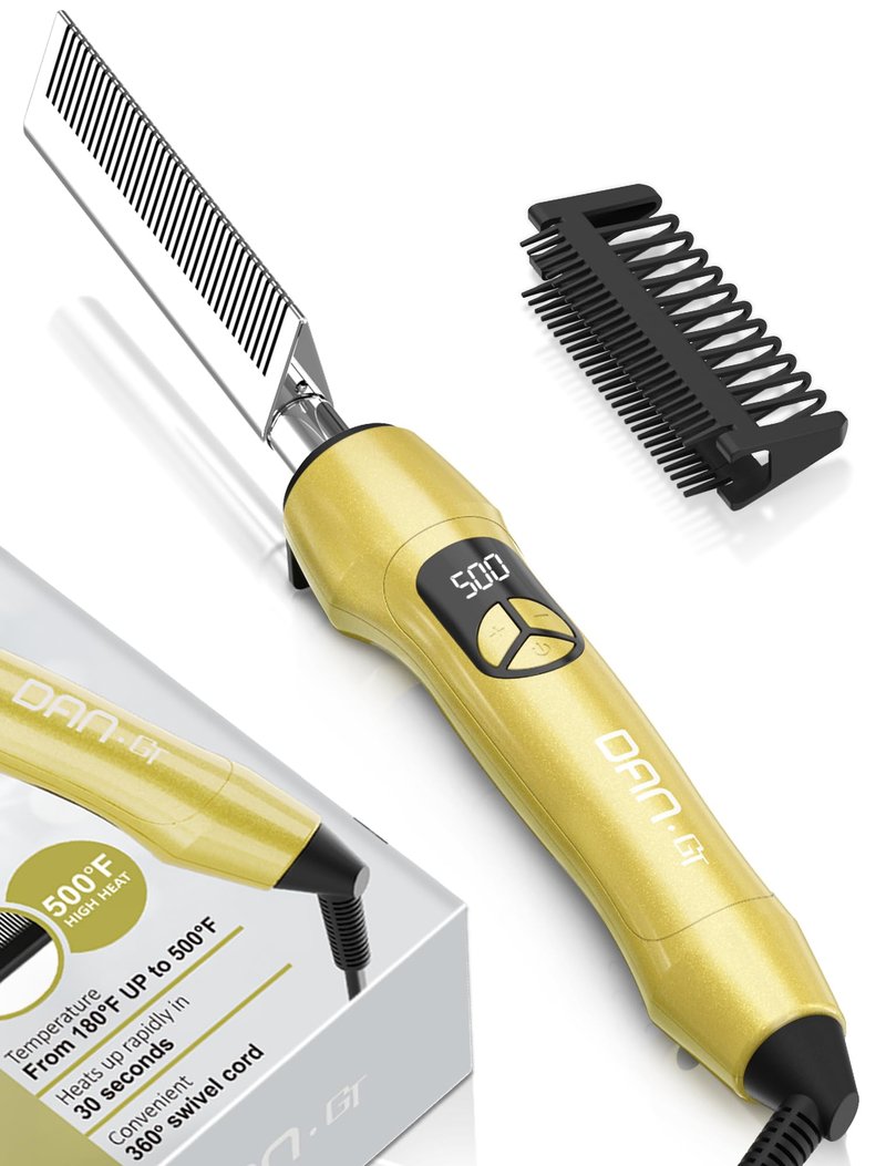 Titanium Electric Hot Comb for Wigs & Black Women Hair, Anti-Scald Straightening Comb with 18 Heat Settings 180°F–500°F for Fast Heating Straightening, Gold