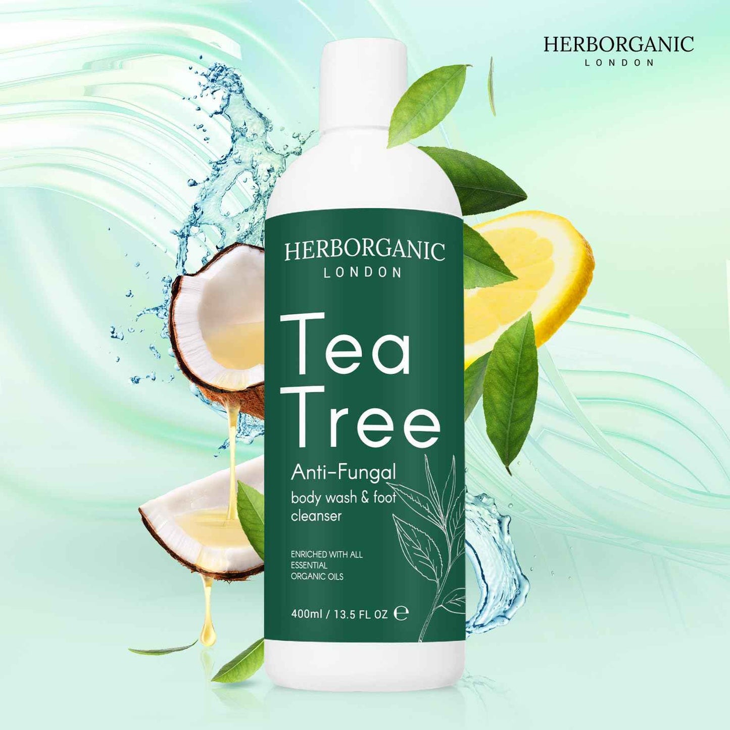 HERBORGANIC Tea Tree Body Wash - 400ml - Body Wash - Vegan, Odor and Foot Cleansing Shower Gel