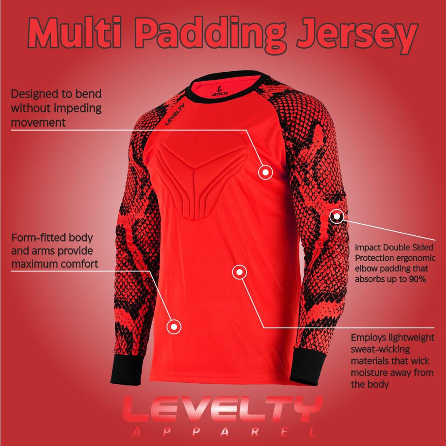 Levelty Soccer Goalkeeper Jersey Adult/Youth Elbow Padded Long Sleeve Goalie Shirt Men Women Kids Goalkeeper Jersey (Red - XS)