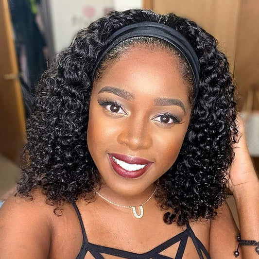 Youngirl Deep Wave Headband Wig Human Hair 14 Inch Curly Headband Wigs for Black Women Human Hair Glueless None Lace Front Wigs Brazilian Virgin Hair Wig Machine Made 150% Density Natural Black Color