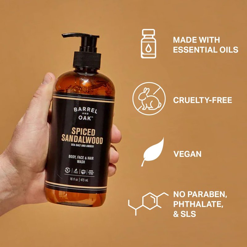 Barrel & Oak All-in-One Wash for Face, Hair, & Body, Vegan & Hydrating Face, Shampoo and Body Wash for Men, Grooming Kit Gifts for Men, Spiced Sandalwood, 16 oz