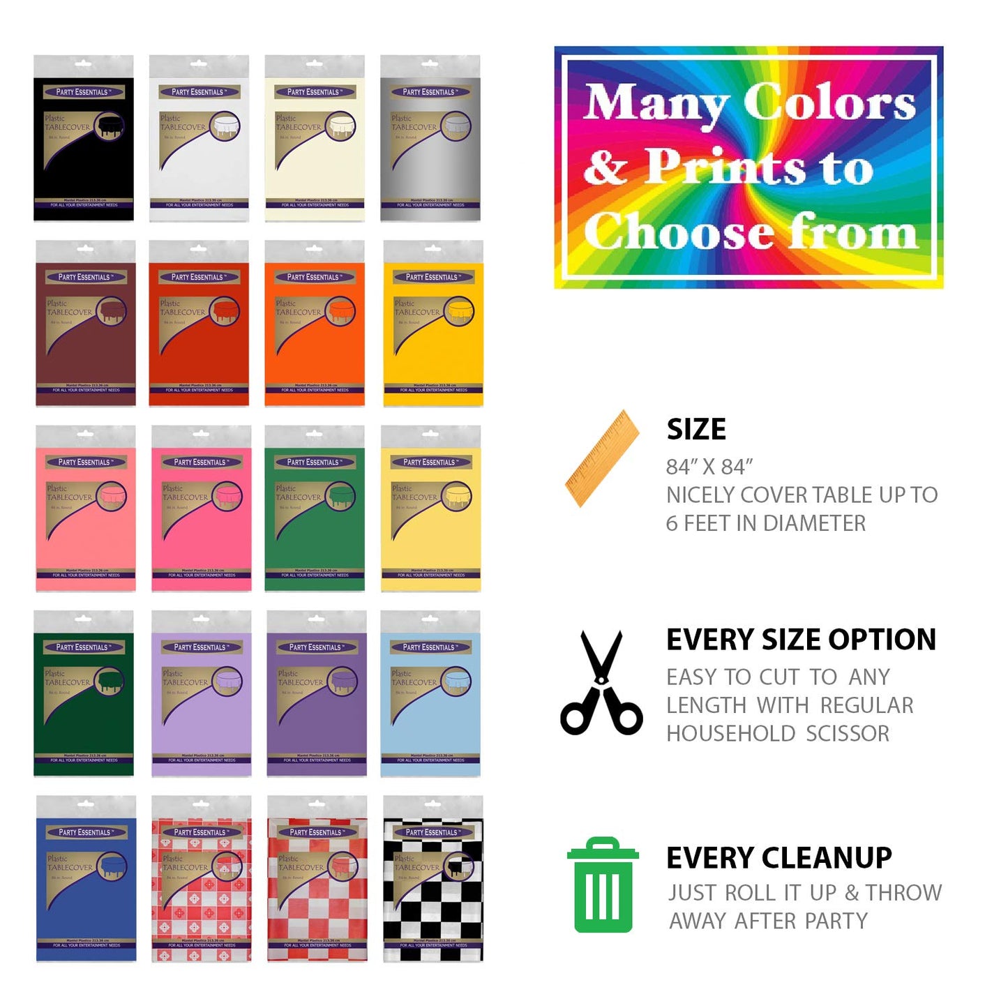 Party Essentials Heavy Duty 84" Round Plastic Table Cover Available in 22 Colors, White