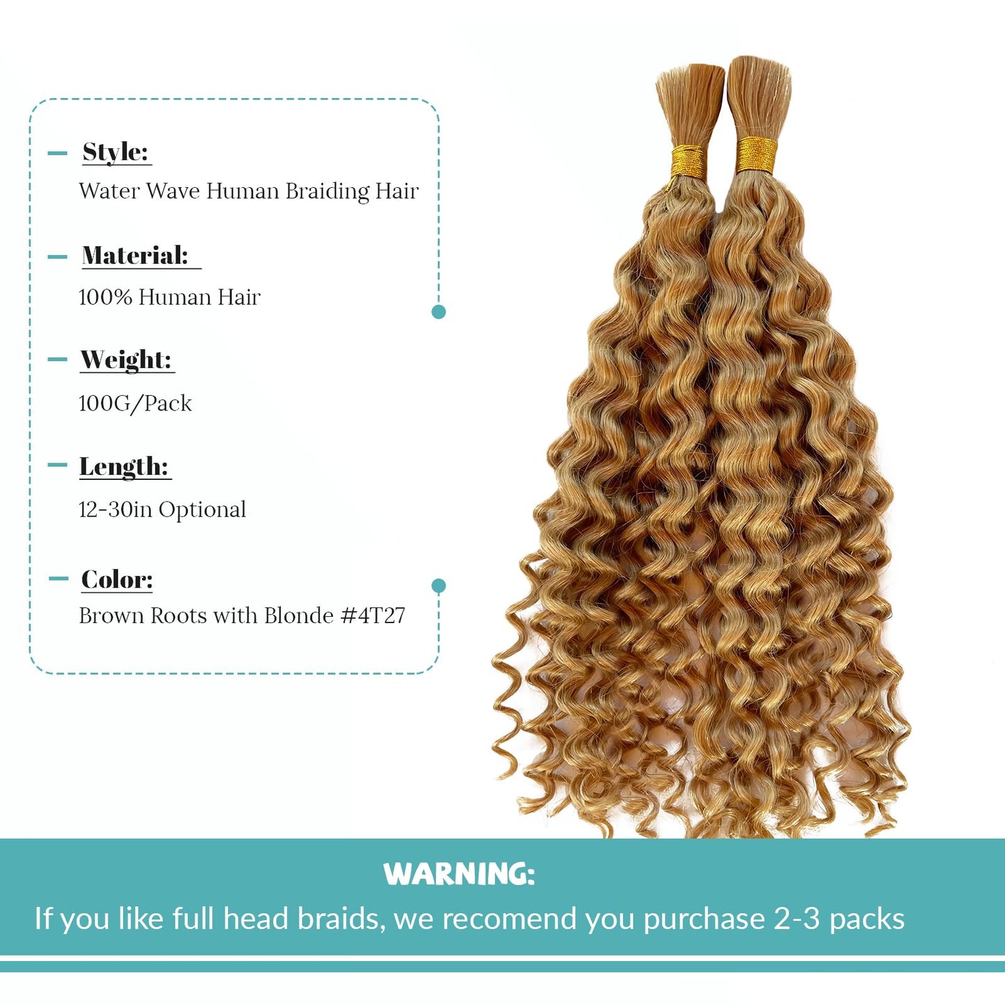 Human Braiding Hair for Boho Braids 22 Inch 100g Highlight Blonde Human Hair Bulk Water Wave 100% Curly Human Hair for Braiding Black Women Wet And Wavy Human Hair 4T27 Color