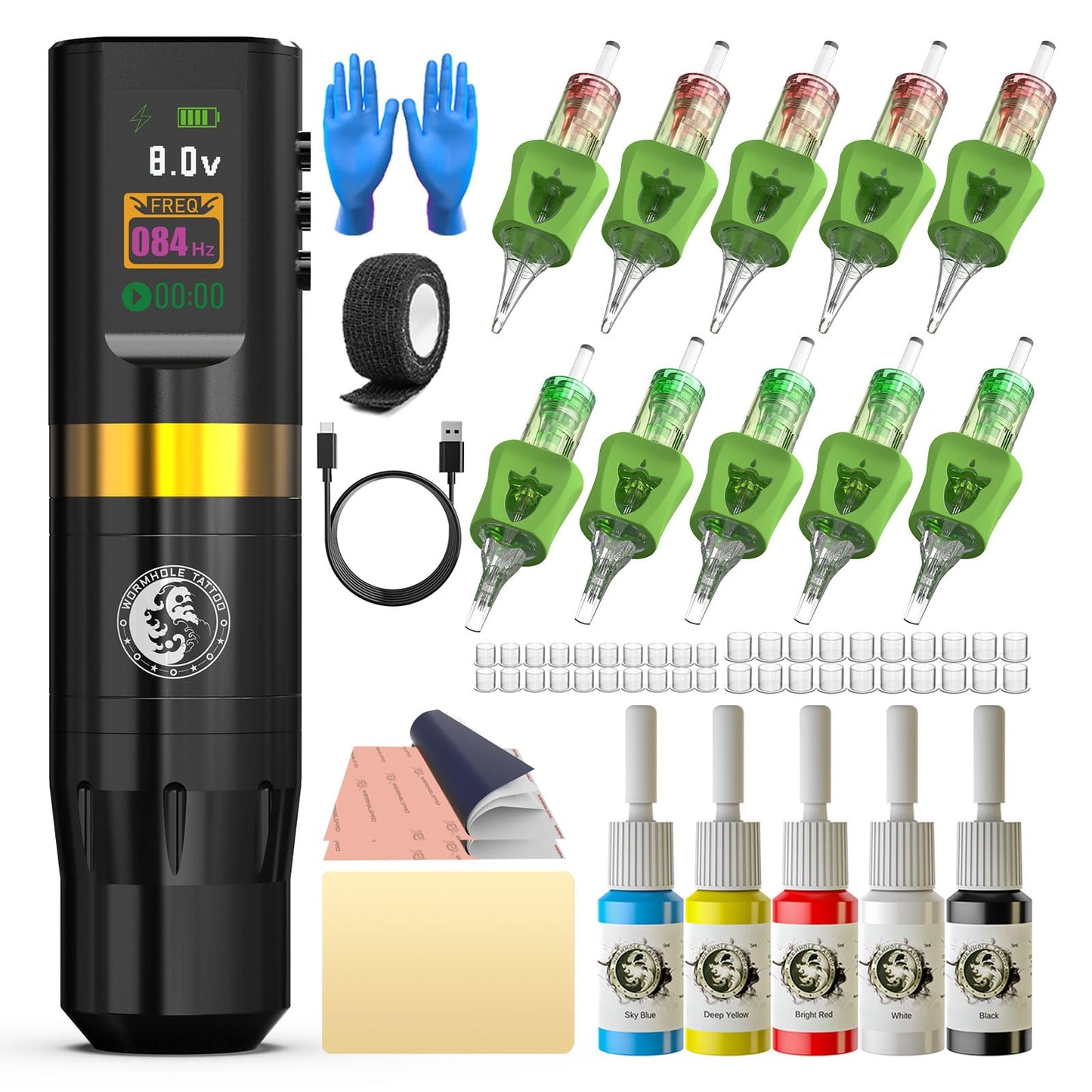 Wormhole Tattoo 58Pcs Complete Tattoo Gun Kit - Aluminum Alloy LED Smart Tattoo Pen Wireless Tattoo Machine with 1800mAh Battery for Tattoo Beginners - Black WTK313
