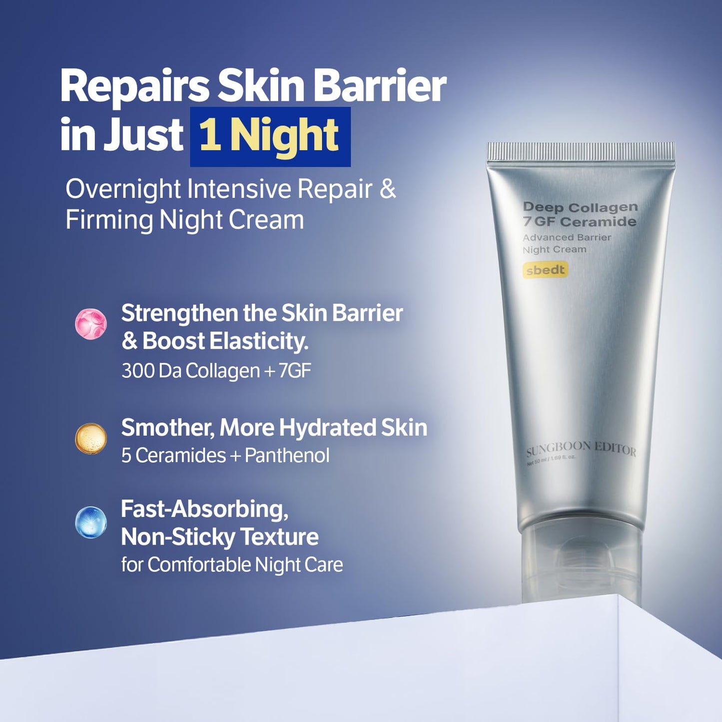 SUNGBOON EDITOR Deep Collagen 7GF Korean Night Cream for Face and Neck, Advanced Skincare Formula & Nighttime Moisturizer, 5 Ceramides & Retinol, Firm-Looking/Barrier-Supporting, 1.69oz