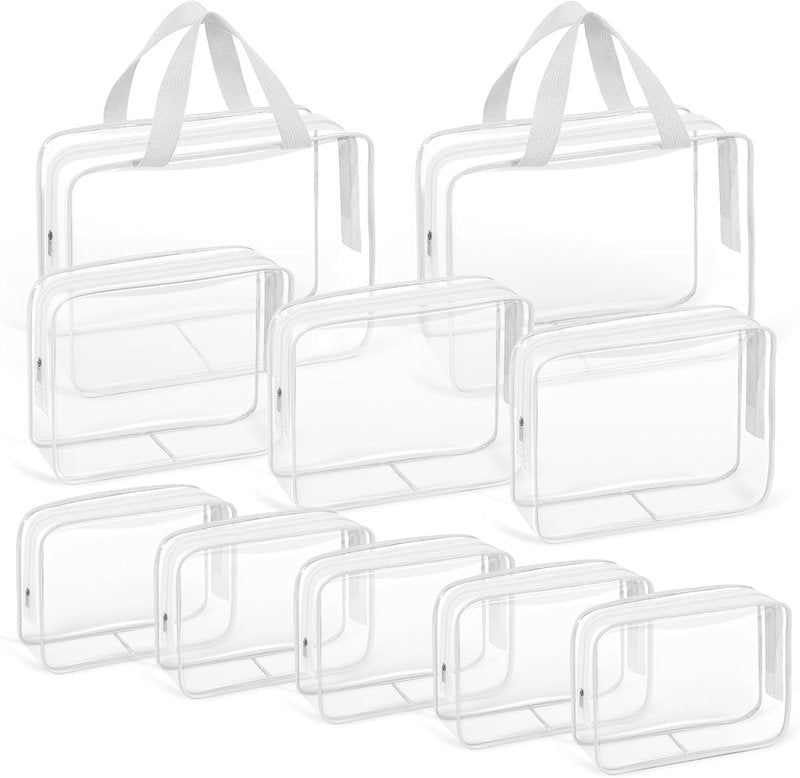 Clear Travel Makeup Toiletry Bag - 10 PCS TSA Approved PVC Organizer Kit | White Zipper Handbag