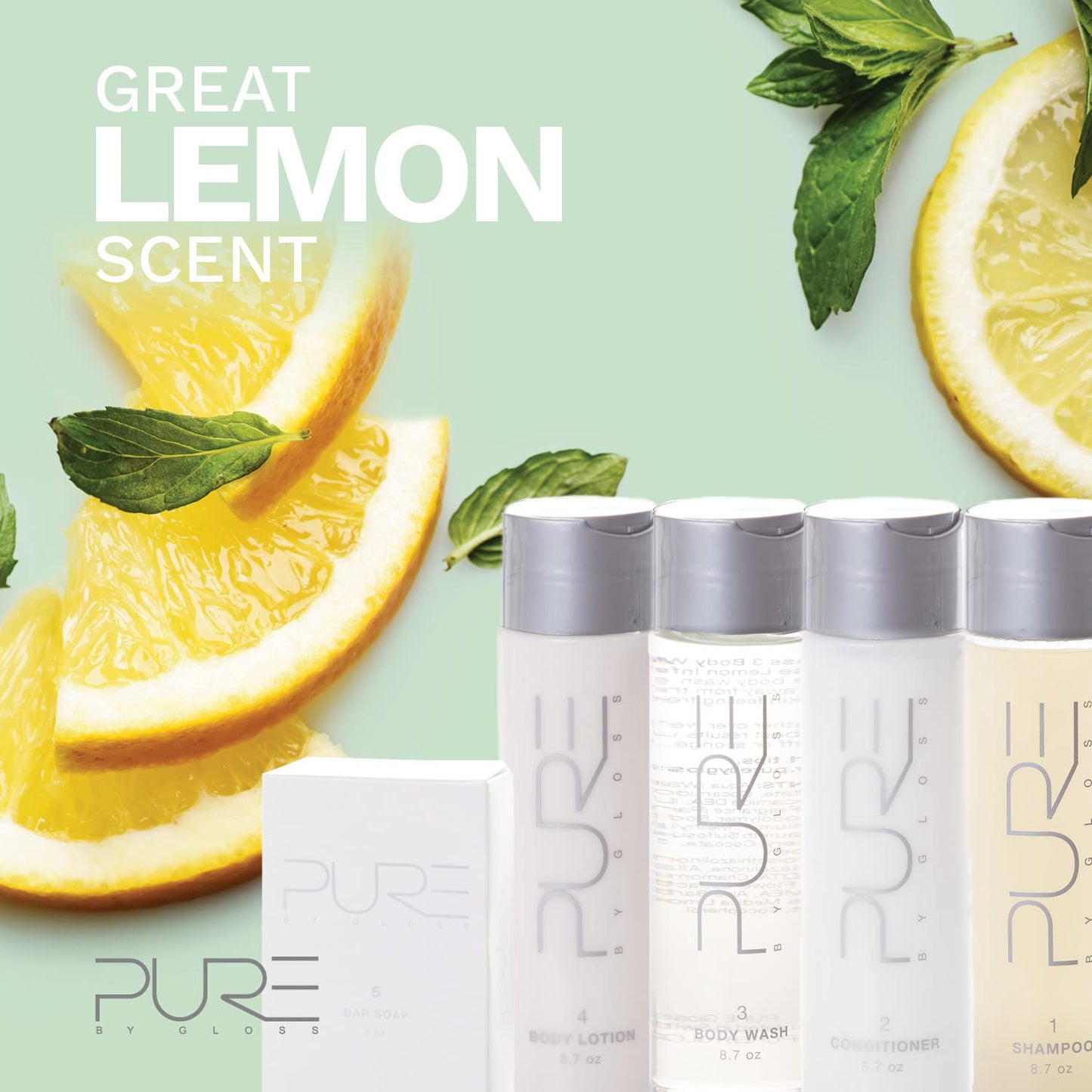 Pure by Gloss Gift Set – Fresh Lemon Scent – for All Hair and Skin Types – With Shampoo [8.5oz], Conditioner [8.5oz], Body Wash [8.5oz], Body Lotion [8.5oz], Body Bar [4oz], & Loofah – Cruelty Free