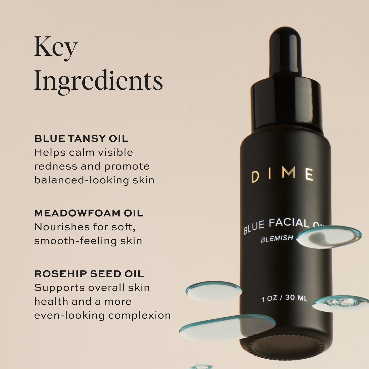 DIME Beauty Blue Facial Oil - Blemish Spot Treatment for Acne-Prone Skin with Blue Tansy, Black Cumin Seed and Rosehip Oil, Hydrating, Vegan and Cruelty-Free Face Oil, 1 oz / 30 ml