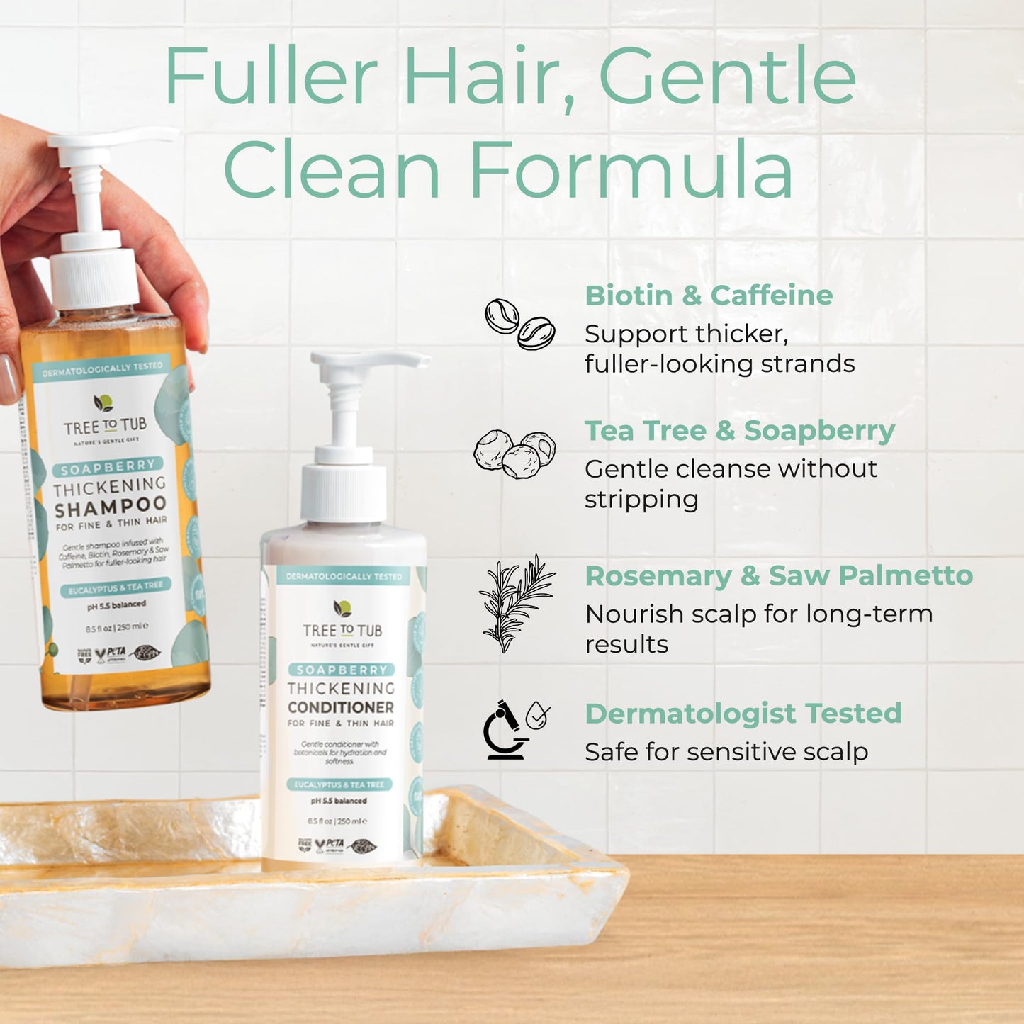 Tree To Tub Volumizing Biotin Shampoo and Conditioner Set - Activating Caffeine for Fuller Hair, Thickening Shampoo and Conditioner for Women & Men, Sulfate Free w/Natural Soapberry Organic Argan Oil