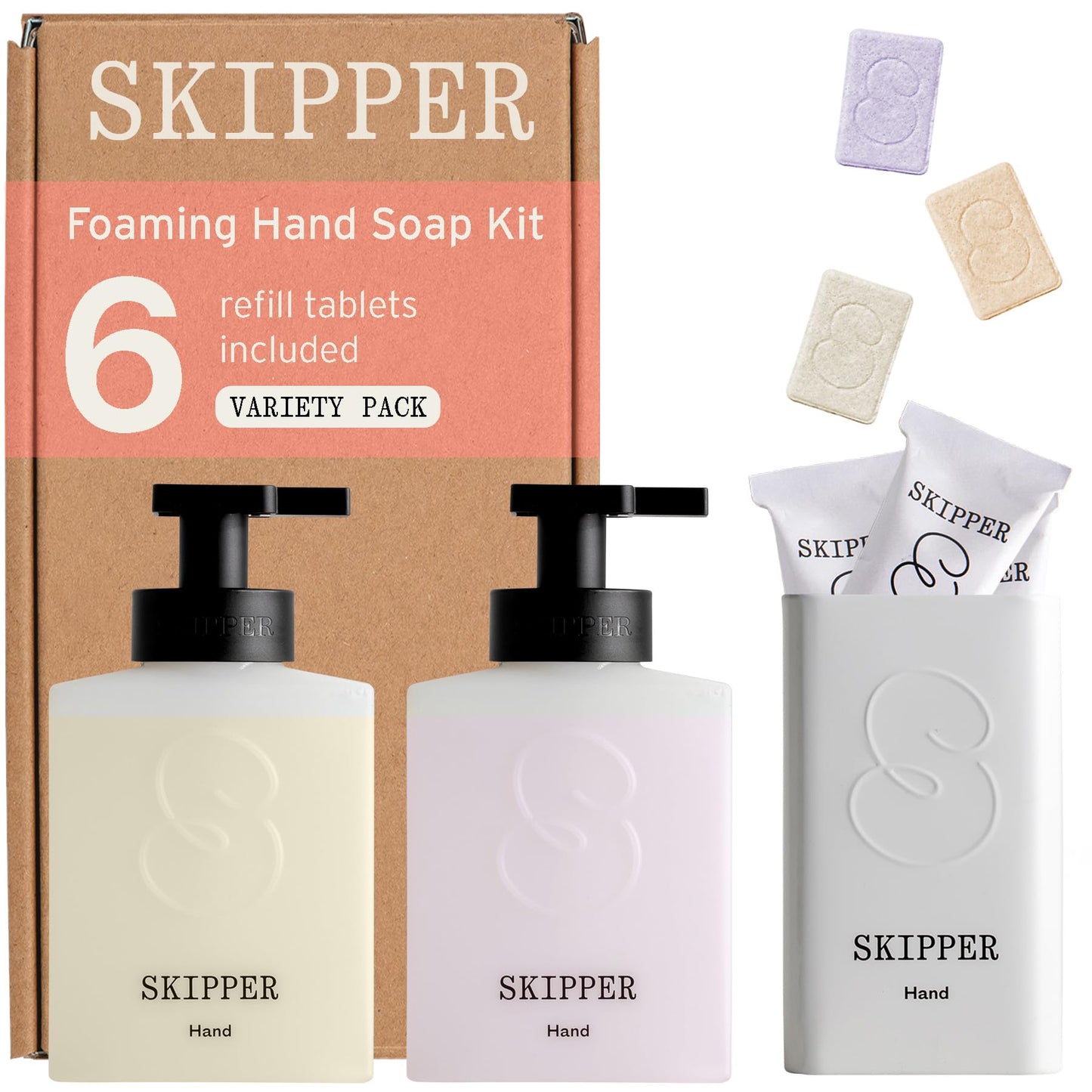 Tirtyl Skipper Foaming Hand Wash Duo Kit - 2 Recycled Plastic Refillable Dispensers + 6 Tablet Refills (6x 8 fl oz Bottles of Soap) + 1 Storage Tin - Variety Fragrances - Cleansing and Moisturizing