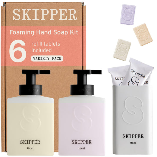 Tirtyl Skipper Foaming Hand Wash Duo Kit - 2 Recycled Plastic Refillable Dispensers + 6 Tablet Refills (6x 8 fl oz Bottles of Soap) + 1 Storage Tin - Variety Fragrances - Cleansing and Moisturizing
