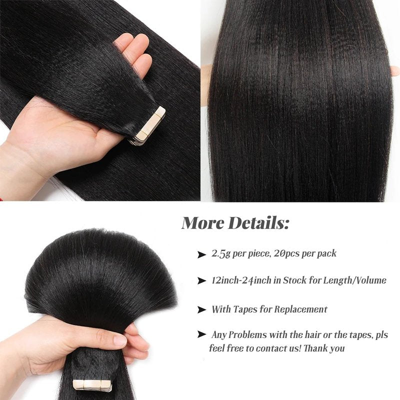 Yaki Tape in Extensions Human Hair Double Sided Relaxed Straight Black Real Remy Tape in Hair Extensions for Black Women Full Head 16 Inch Yaki Straight Tape in Bundles Natural Black 50g 20pcs
