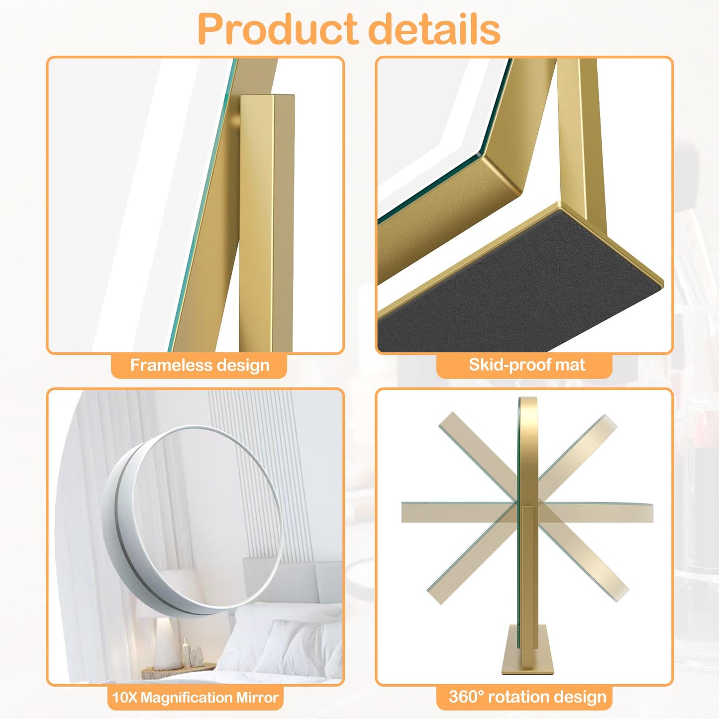 Gvnkvn Arched Makeup Vanity Mirror with Lights 17.2" LED Makeup Mirror Detachable 10X Magnification, Hollywood Make Up Mirror with Lighting, Smart Touch, 360° Rotation, (Gold,Gift Box)