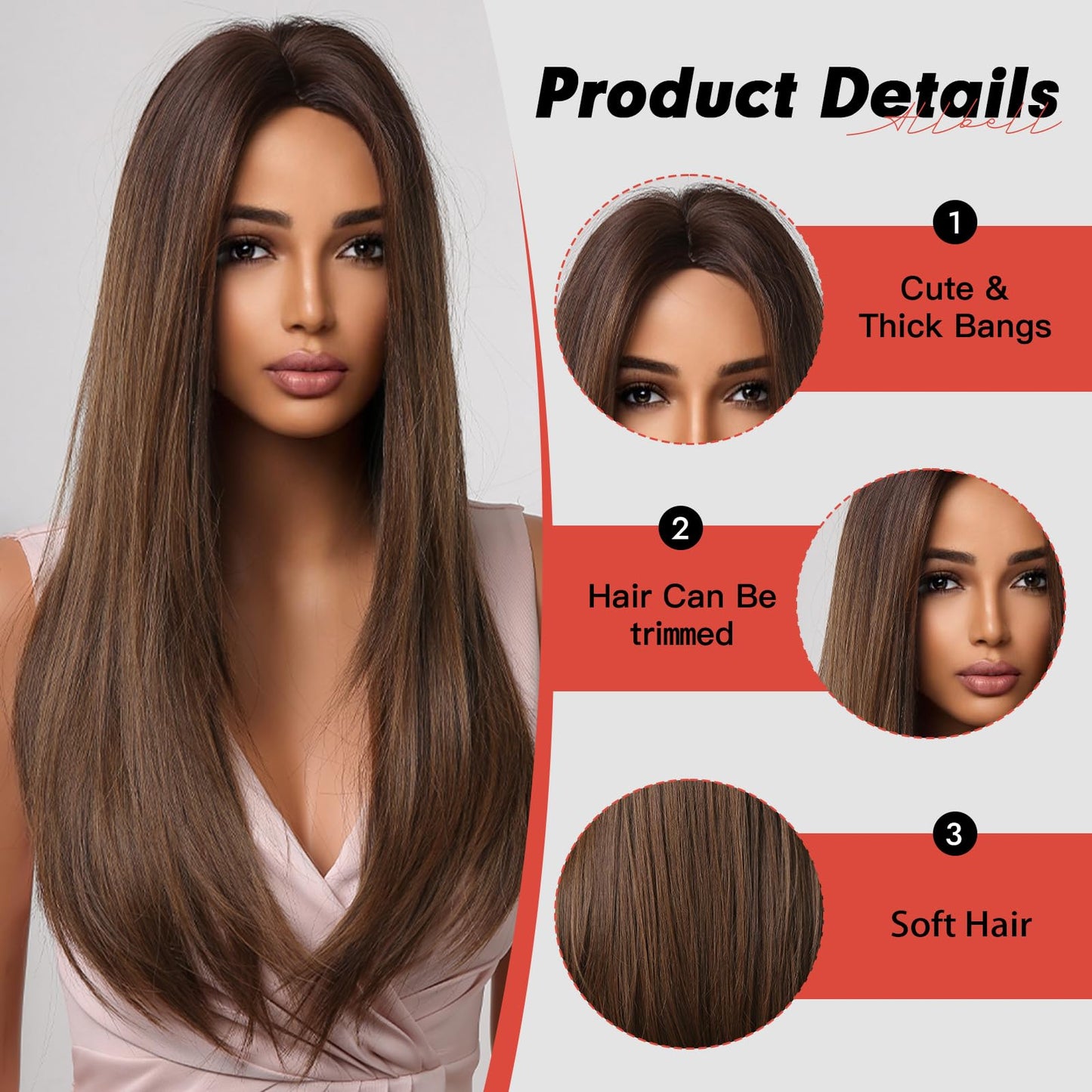 Allbell Brown Wigs for Women Long Straight Wig Layered Brown Hair Wig 24Inch Middle Part Dark Brown Wig Natural Heat Resistant Synthetic Fiber Wig for Party Halloween