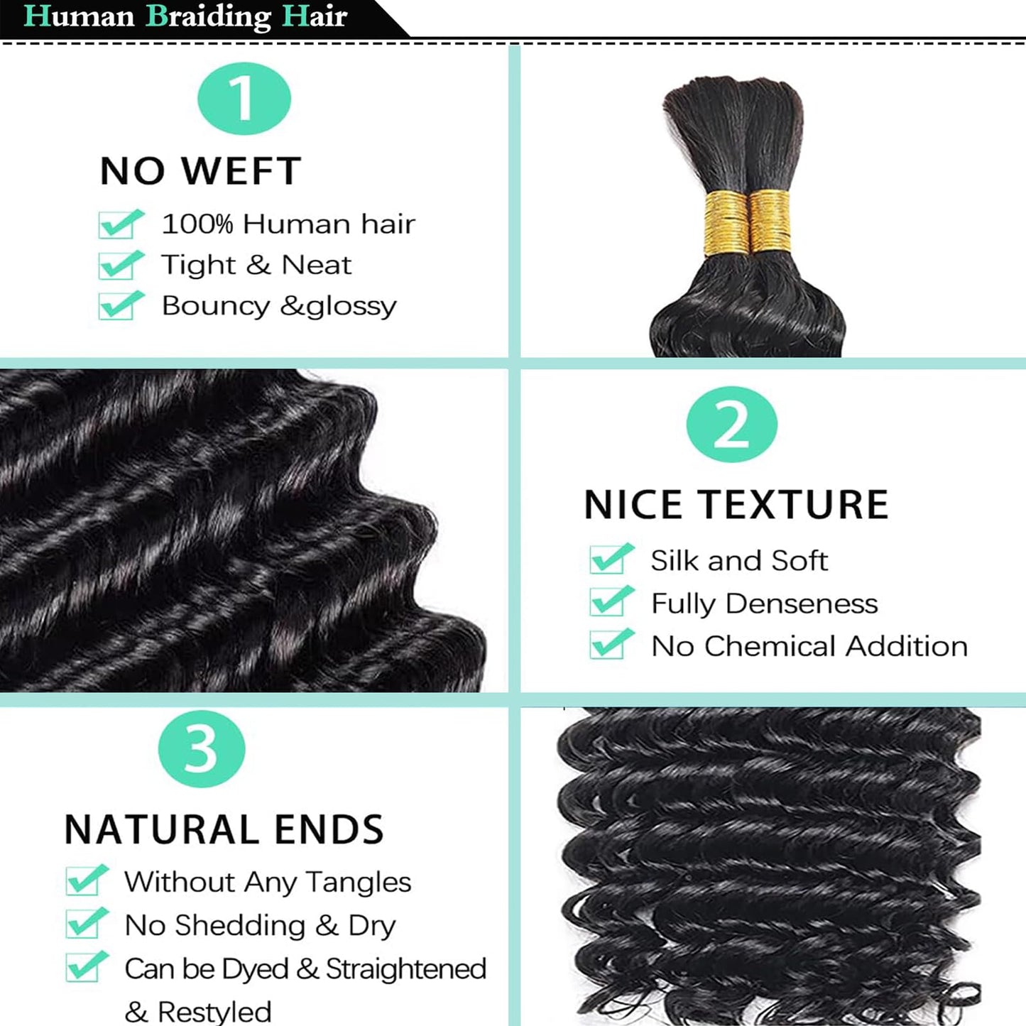 Human Braiding Hair for Boho Braids 20 Inch Deep Wave Bulk Human Hair Boho Hair for Braiding No Weft Brazilian Human Hair Extensions Wet and Wavy Curly Human Hair Boho Braiding Hair 2 Bundles 100g