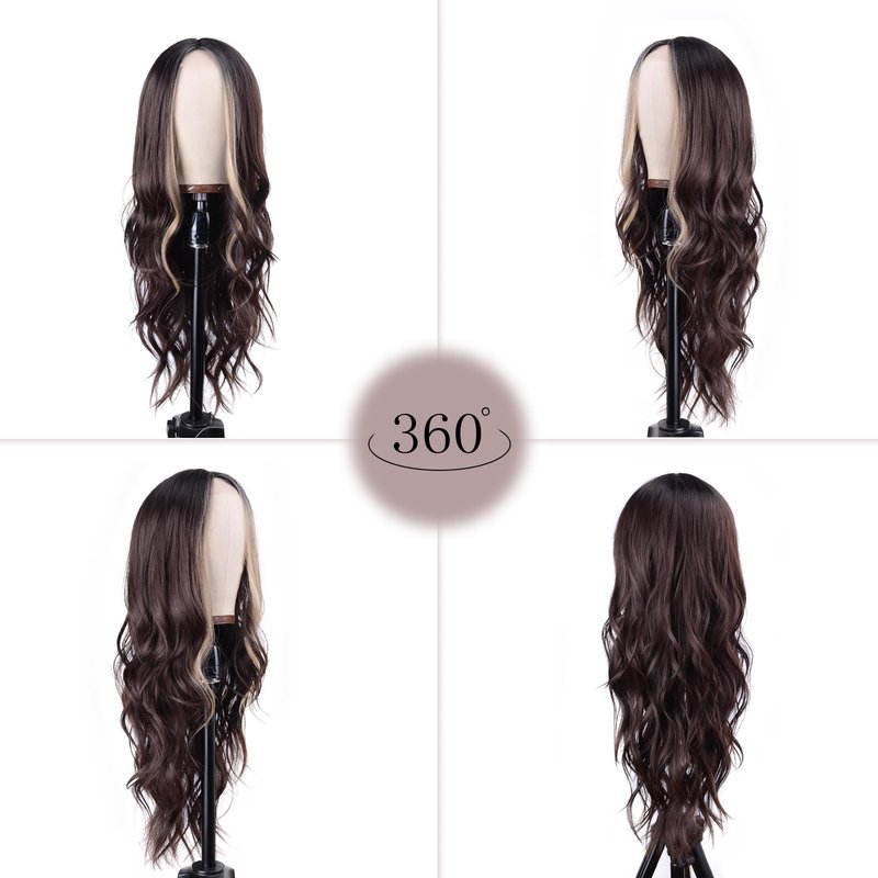 T-color Long Brown Mix Blonde Wavy Wig for Women 26 Inch Middle Part Curly Wavy Wig Natural Looking Synthetic Heat Resistant Fiber Wigs for Daily Wear, Party, Cosplay