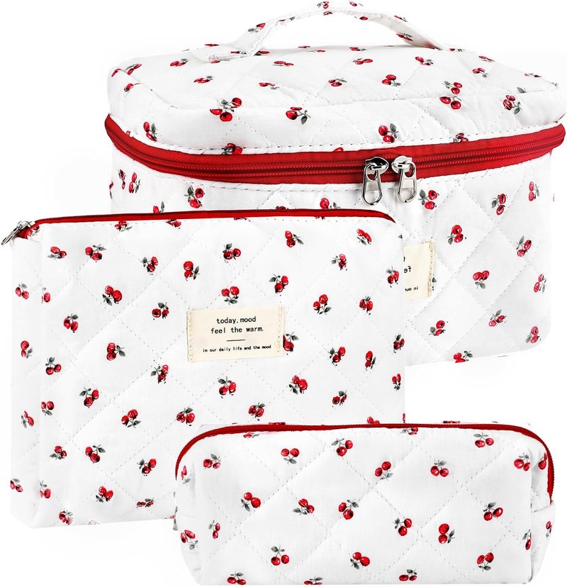 Cotton Quilted Makeup Bag Set - Extra Large Floral Travel Cosmetic Pouches | Vintage Cherry Toiletry Organizer