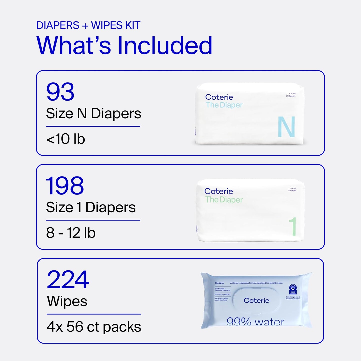 Coterie Baby Wipes + Diapers Kit, Size 1 (198 Count) & Size Newborn Diapers (93 Count), 4 Pack (224) Wipes with 99% Water, Plant Based Materials, Hypoallergenic for Sensitive Skin, Baby Essentials