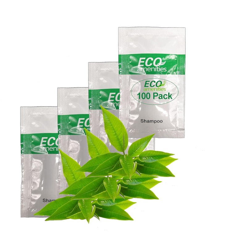 Eco Amenities Mini Shampoo Sachets - Refreshing Green Tea Scented Toiletries | 0.35 fl oz (10ml), 100 Pack for Hotels & Rentals