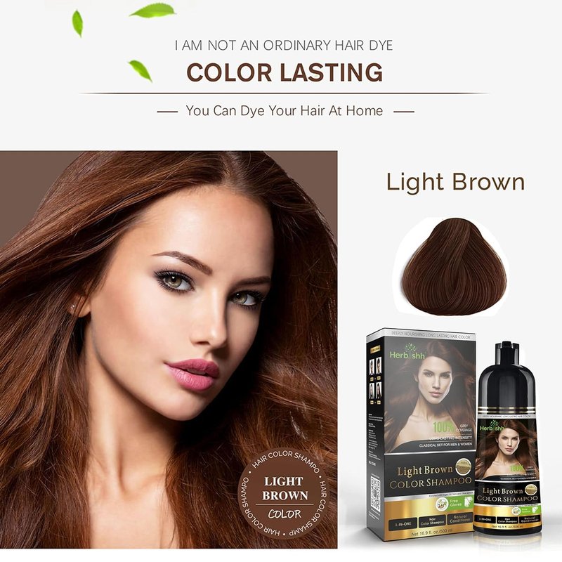 Herbishh Color Shampoo for Gray Hair Coverage (Light Brown) –Hair Dye 3-in-1 Shampoo- Colors in Minutes – Lasts Up To 2-3 Weeks – 500 mL – Ideal for Men & Women