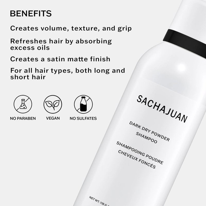 SACHAJUAN Dark Volume Powder | Dry Shampoo Spray for Volume, Texture & Oil Absorption | Refreshes Hair Between Washes with Satin Matte Finish | Lightweight Grip for Dark Hair | Paraben-Free | 6.8 oz