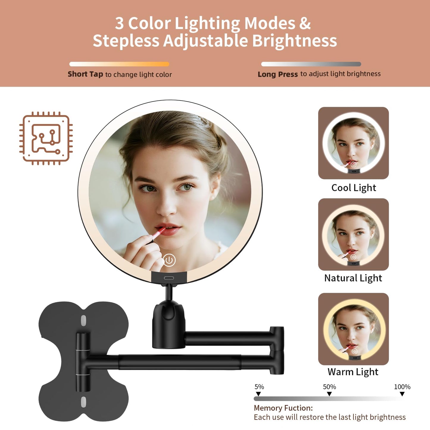 30X/1X Wall Mounted Lighted Makeup Mirror, 6inch Double Sided 1X/30X Magnifying Makeup Mirror with 3 Color Lights, Rechargeable Bathroom 30X Magnification Mirror 360° Rotation Extendable Folding Arm