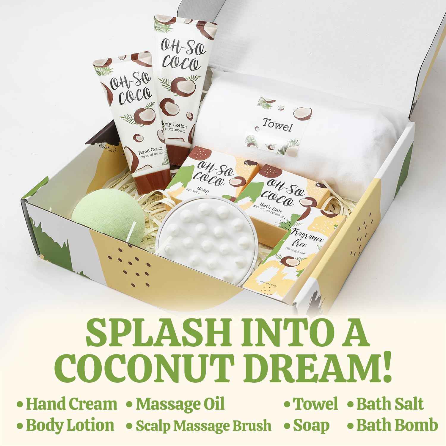 #BFFLOVE Coconut Spa Gift Set for Women: 8pc Bath Set with Bath Bomb, Massage Oil, Towel & More