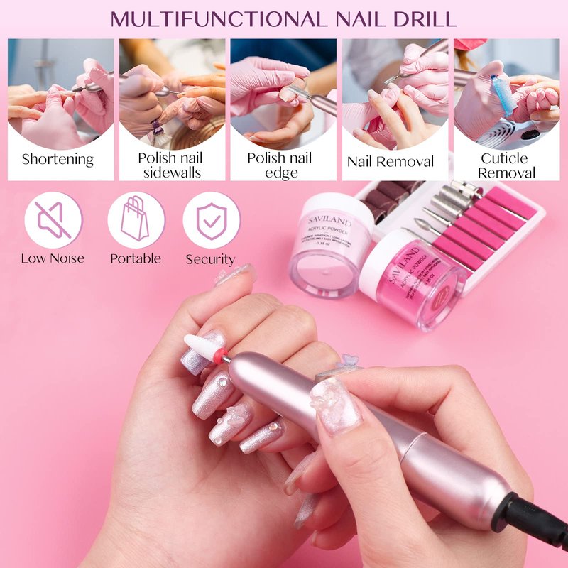 SAVILAND Acrylic Nail Kit with Drill for Beginners - 0.5oz Clear White Pink Acrylic Powder and Liquid Set Nail Brushes Professional Nails Kit Set Home DIY Extension Carving