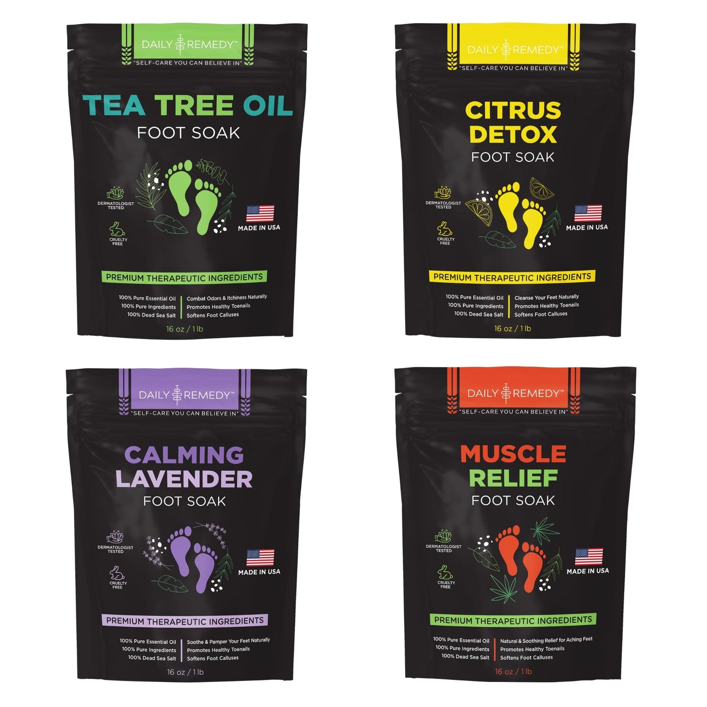DAILY REMEDY Foot Soak Salts- Variety Pack of 4- Tea Tree Oil, Muscle Relief, Calming Lavender & Citrus Soak- For Foot Pain, Soreness, Athlete’s Foot, Odors, Calluses-Made In USA