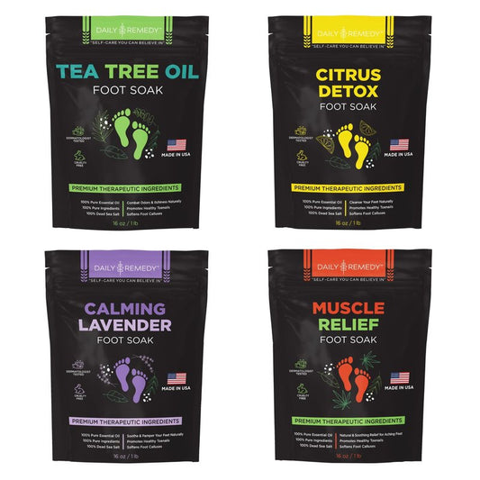 DAILY REMEDY Foot Soak Salts- Variety Pack of 4- Tea Tree Oil, Muscle Relief, Calming Lavender & Citrus Soak- For Foot Pain, Soreness, Athlete’s Foot, Odors, Calluses-Made In USA
