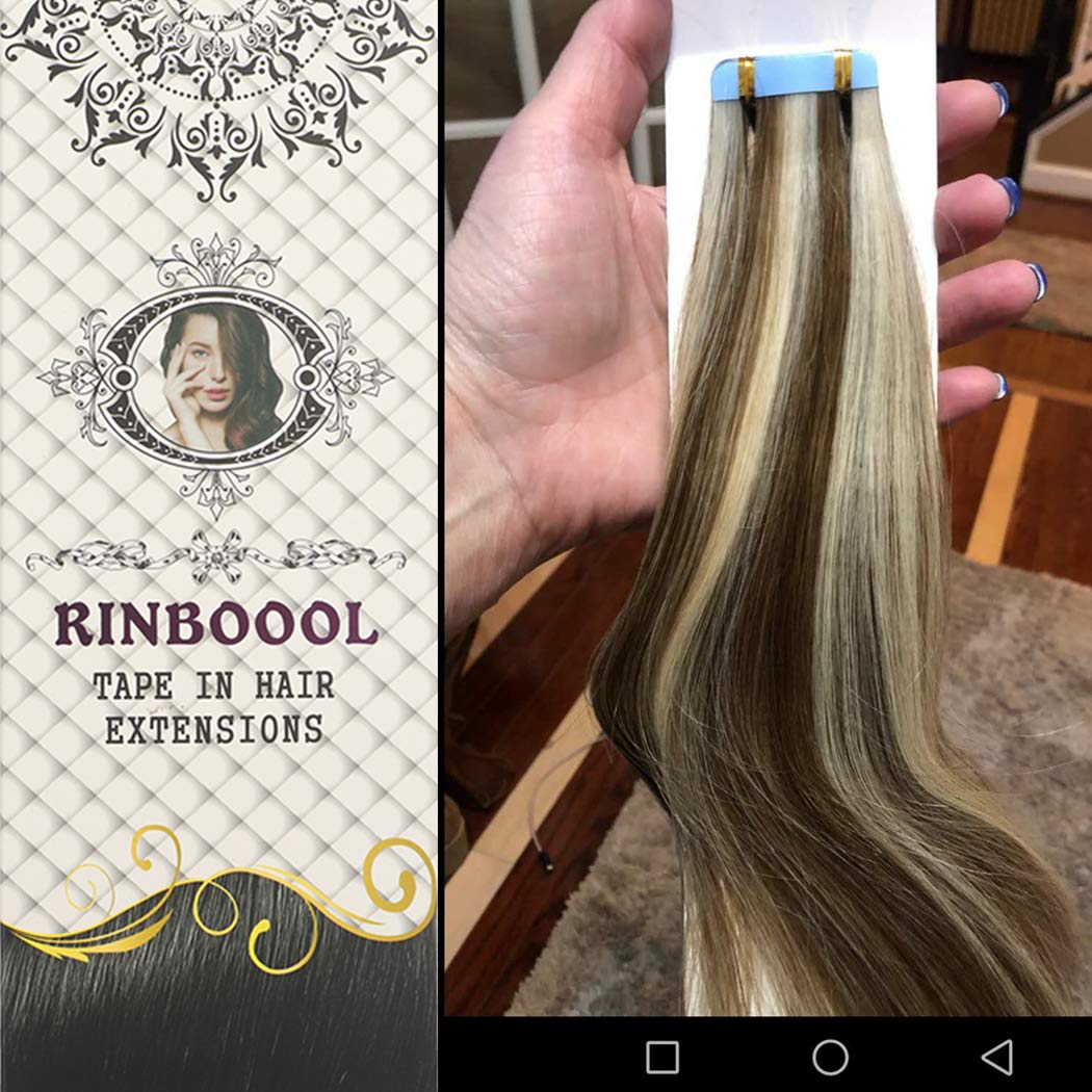 RINBOOOL Tape in Hair Extensions Human Hair, 16 Inch 40 Gram 20 Pieces, Real Natural Remy, 2 Tone Piano Color, Platinum Blonde Highlighted Medium Brown, 6/60