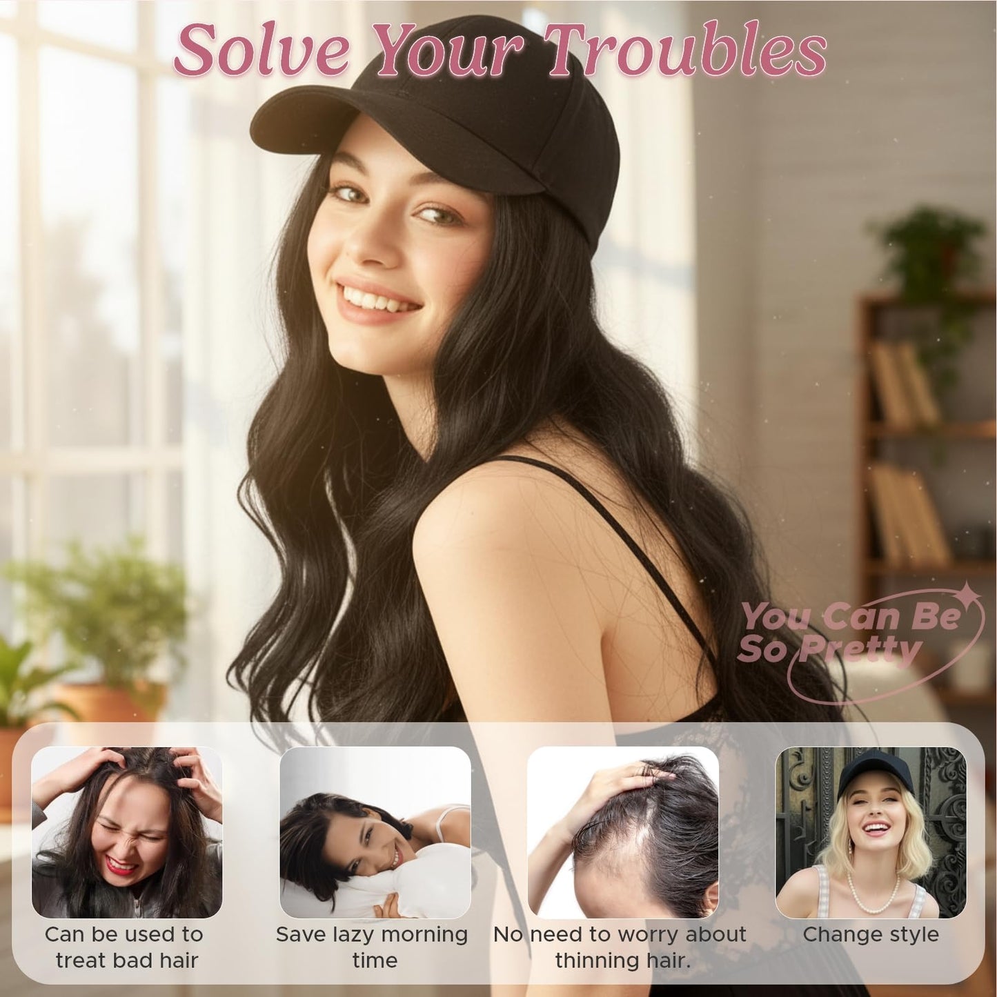 SEGOHAIR Hat Wig for Women Baseball Cap with Hair Extensions 6 Inch Synthetic Straight Hair Adjustable Wig Hat with Attached Hair for Daily Wear,（10, Light Brown）
