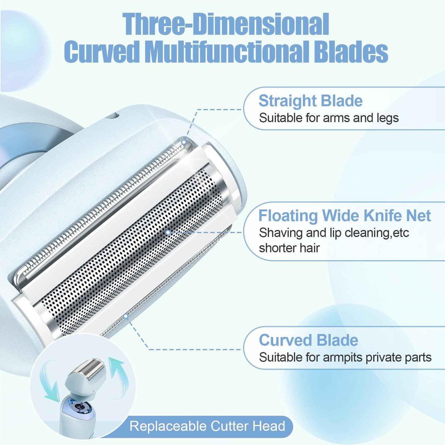 Livora Electric Shaver for Women, 2 in 1 Glide Pro 3.0 Razor, Silk Glide Pro Shaver 2 with Removable Head, Wet & Dry Waterproof, Rechargeable Cordless for Bikini, Leg, Arm, Underarm, Body (Blue)