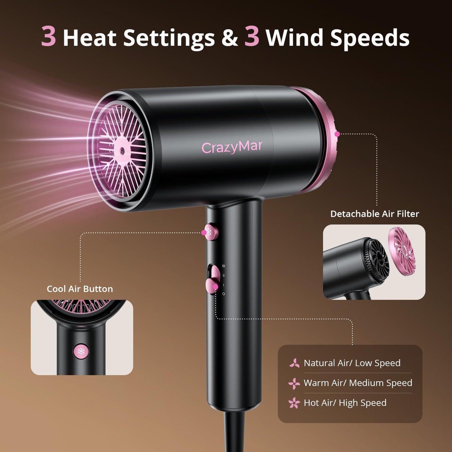 CrazyMar Hair Dryer, 1800W High Speed Blow Dryer for Fast Drying,500 Million Negative Ionic Hair Dryer, No Heat Damage, Lightweight, Blow Dryer with Diffuser for All Hair, Travel, Home (Purple)