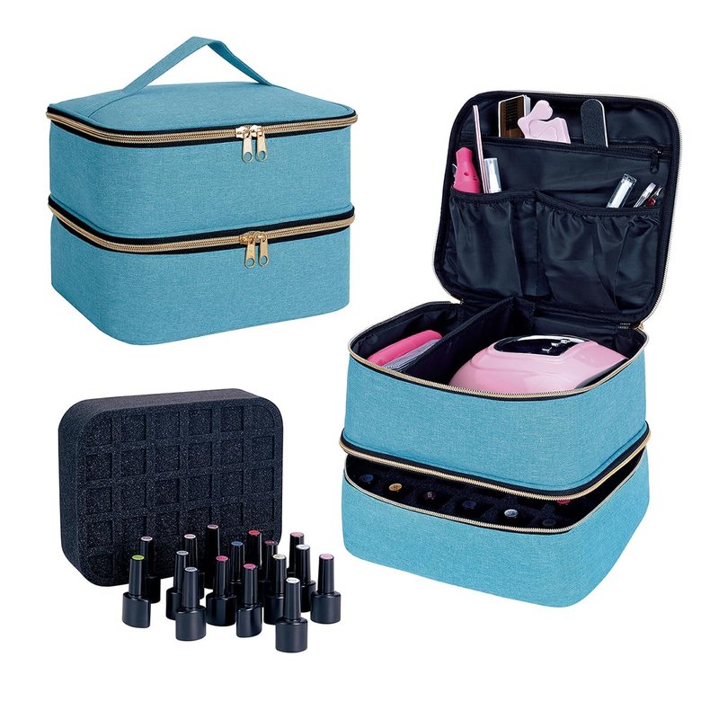 UOZL Nail Polish Organizer, Handheld Double Layer Organizer Holds 30 Bottles (15 ml/0.5 floz) with Adjustable Dividers for Nail Polish Small Manicure Lamp Manicure Tools and Travel,Light Green