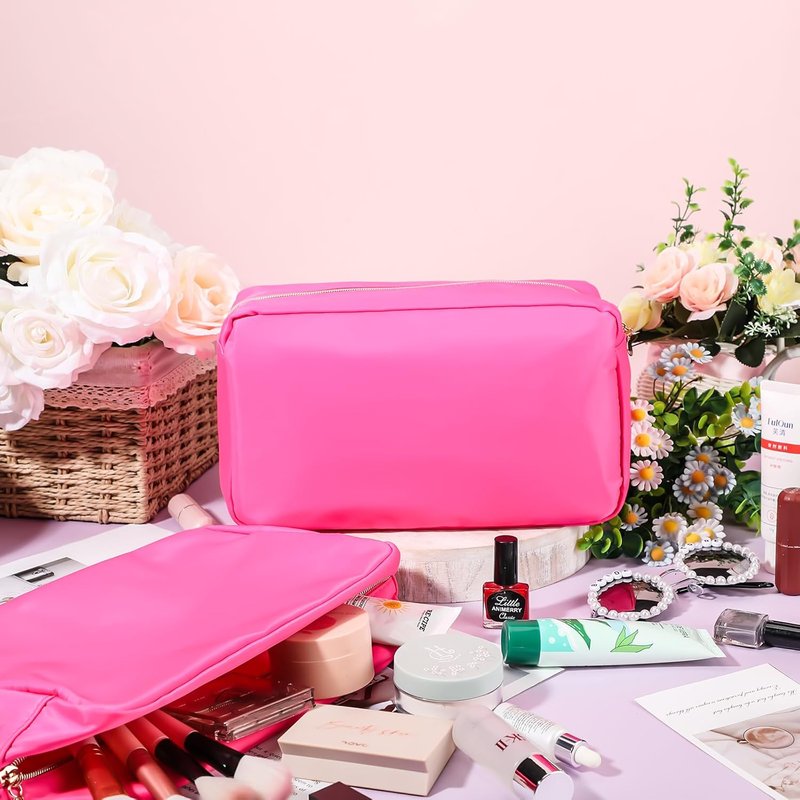 Hushee Nylon Makeup Bag Set - 4 Pcs Waterproof Travel Organizer | Small Hot Pink Zipper Pouch
